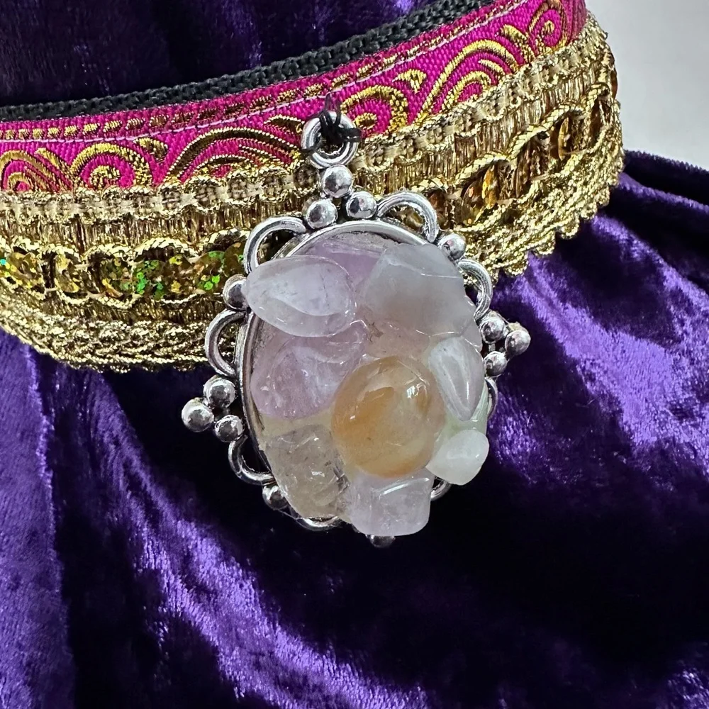 Artisan Boho Choker Necklace Gold Metallic + Handmade Quartz Pendant OOAK Signed